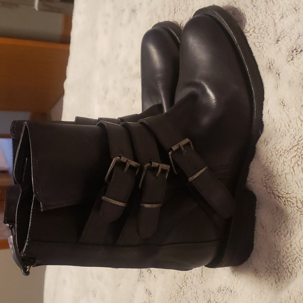Free People Black Leather Military Zip Up Boot